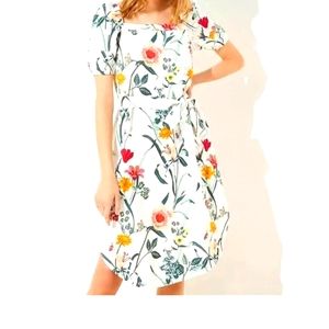 LOFT White Floral Puff Sleeve Midi Dress